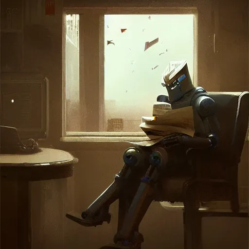 Image similar to robot reading the newspaper in his armchair in the background books near a window by Greg rutkowski, Trending artstation