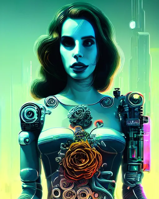 Image similar to portrait of lana del rey as a cyberpunk cyborg. roses, sci - fi, intricate abstract, upper body, intricate artwork, by tooth wu, wlop, beeple, dan mumford. concept art, 8 k octane render, deviantart, greg rutkowski, cinematic, key art, hyperrealism, iridescent accents