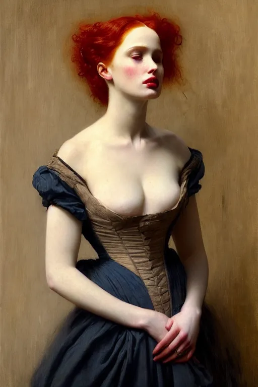 Prompt: portrait en buste Madelaine Petsch in 1800s dress by Roberto Ferri, by Jeremy Lipking, Realism, abundant detail,