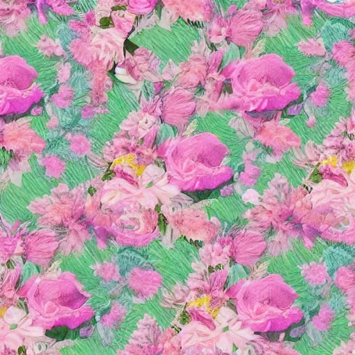 Image similar to a floral pattern in repeat in pastel colors like pinks, lilacs, lemon yellows and sea greens.. Having pretty roses and libernums