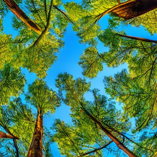 Image similar to looking up at the tops of trees in a forest, an ultrafine detailed painting by jon coffelt, shutterstock contest winner, generative art, multiple exposure, fisheye lens, high dynamic range