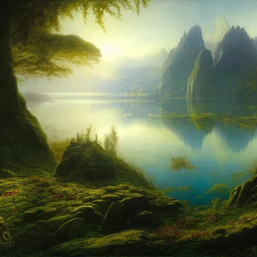 Image similar to a beautiful and highly detailed matte painting of the lost land by a beautiful lake, thick mist, sunlight, celtic, psychedelic, epic scale, insanely complex, hyperdetailed, sharp focus, hyperrealism, artstation, cgsociety, 8 k, bright colors, by caspar friedrich, albert bierstadt, james gurney, brian froud,