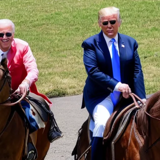 Image similar to joe biden and Donald trump riding a horse together