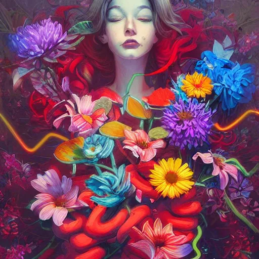 Image similar to a bouquet of colorful flowers, flowers with very long petals,night, hard light and long shadows, neon glowing, vivid, detailed painting, by James Jean and Ross Tran, masterpiece, award winning painting