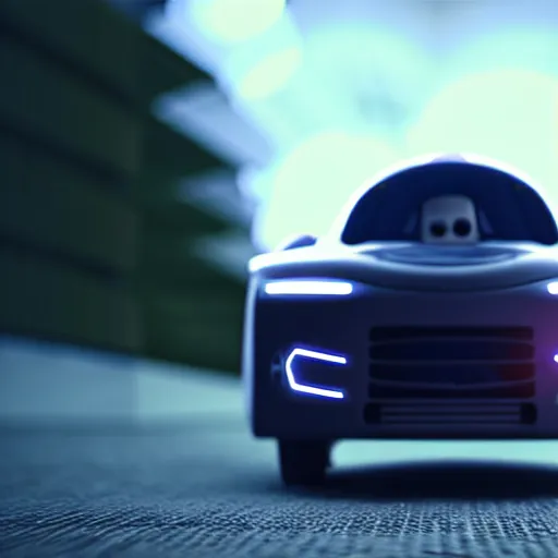 Image similar to a cute little robot of front of a car. super realistic 8 k render of a dark hooded powerful elegant, cinematic composition