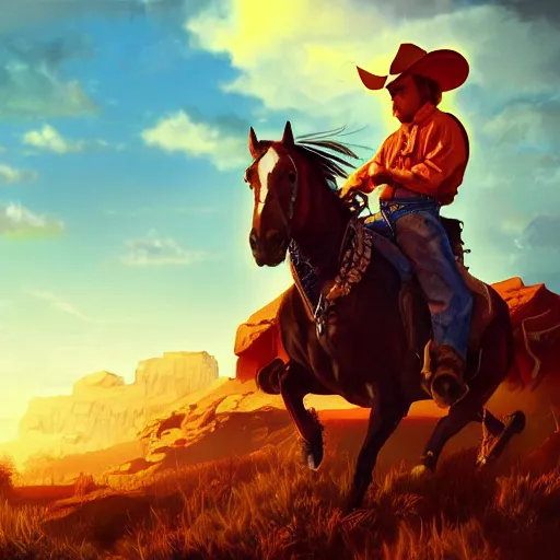 Image similar to cowboy on a hill, colorful, dramatic lighting, detailed, intricate, elegant, highly detailed, digital painting, artstation, concept art, smooth, sharp focus, illustration