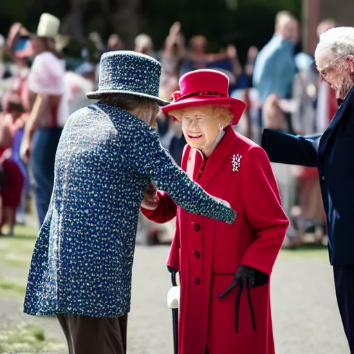 Prompt: an old man with a red white and blue tall hat and suit fighting queen elizabeth