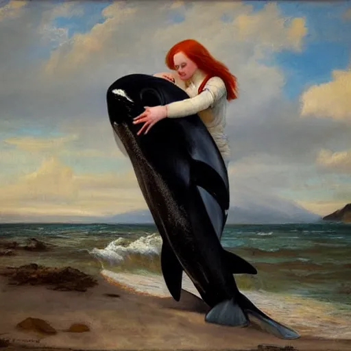 Image similar to a portrait of a red headed young woman hugging an orca whale in a scenic environment by Gerhartz, Daniel F.