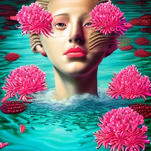 Image similar to surreal ocean, sea, water, pool, checkerboard pattern, award winning masterpiece with incredible details, a surreal vaporwave vaporwave vaporwave vaporwave vaporwave painting by Thomas Cole of an old pink mannequin head with light beaming out of its eyes, flowers growing out of its head, sinking underwater, ocean waves, highly detailed, shocking