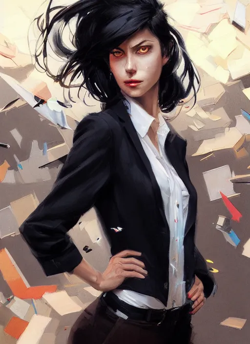 Image similar to a ultradetailed beautiful panting of a stylish woman wearing a shirt with a tie, she has black hair, disressed, background explosion, by jesper ejsing, jon foster, greg rutkowski on artstation