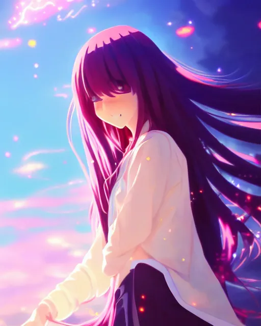 Image similar to anime style, vivid, expressive, full body, 4 k, painting, a cute magical girl with a long wavy black hair, stunning, realistic light and shadow effects, centered, simple background, studio ghibly makoto shinkai yuji yamaguchi