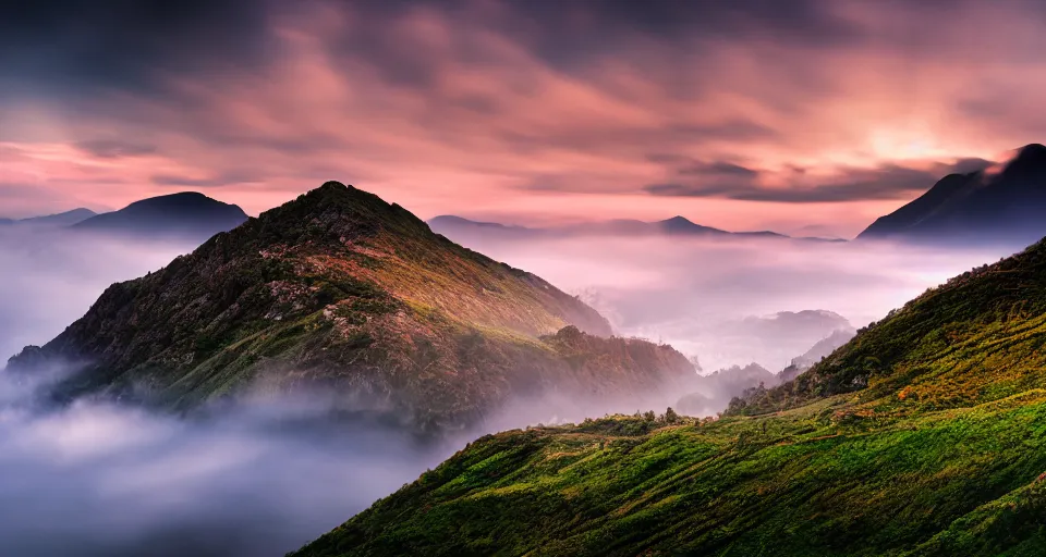 Prompt: landscape photography of Ciuca sountains sunset, clouds, mist, 500px, award winning