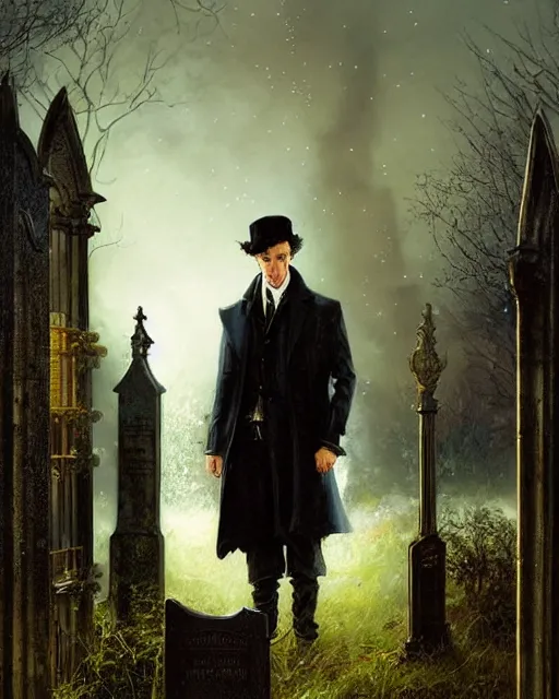 Image similar to sherlock holmes standing in a graveyard, night, detailed, hd, bright, sunny, by tom bagshaw, by fintan magee, by raymond swanland, by sherree valentine daines