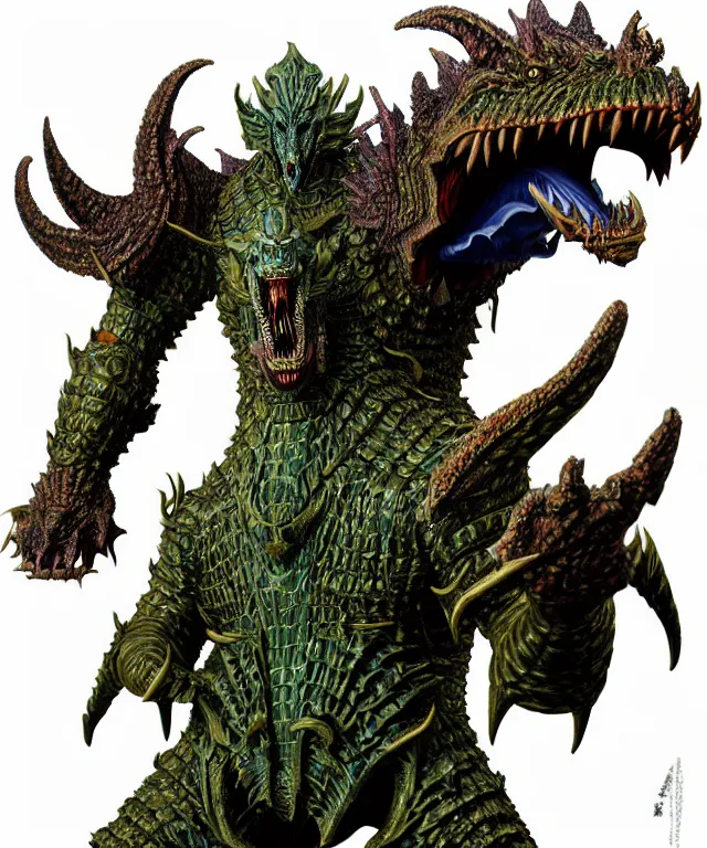 Image similar to a hyperrealistic rendering of an epic boss fight against ornate king emporer jewel crown war armor battle kaiju beast god by art of skinner and richard corben, product photography, collectible action figure, sofubi