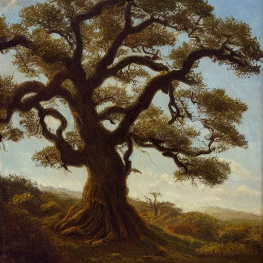 Image similar to A painting of a wizened oak tree, with the face of an old bearded man