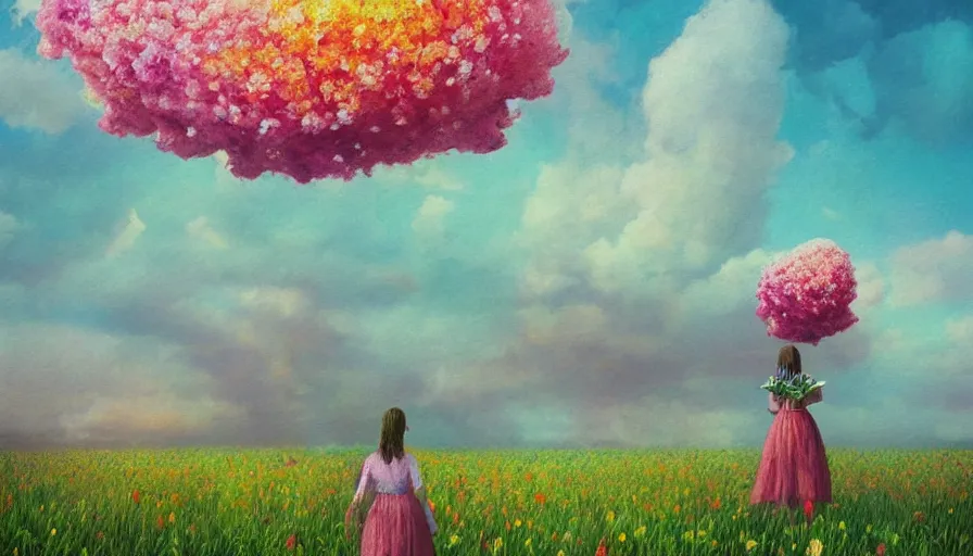 Image similar to girl with a giant flower instead of face, surreal photography, dream, standing in flower field, hills, big trees, sunrise dramatic light, impressionist painting, colorful clouds, digital painting, pointillism, artstation, simon stalenhag, flower face