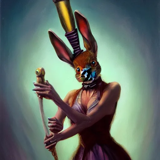 Image similar to oil painting of a rabbit dressed like a female stage magician holding a magic wand, urban fantasy art by seb mckinnon, artstation npc character design, top - rated