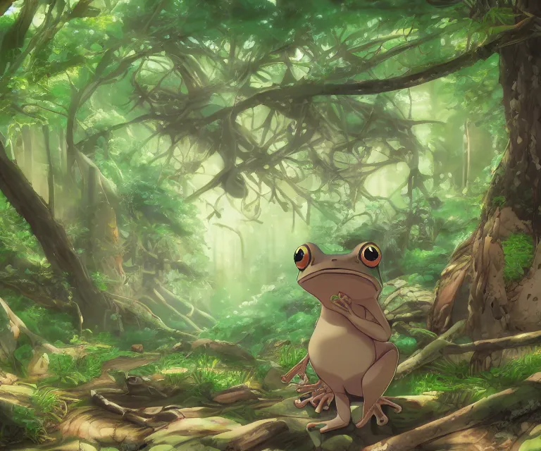 Prompt: frog in a forest, anime fantasy illustration by tomoyuki yamasaki, kyoto studio, madhouse, ufotable, comixwave films, trending on artstation