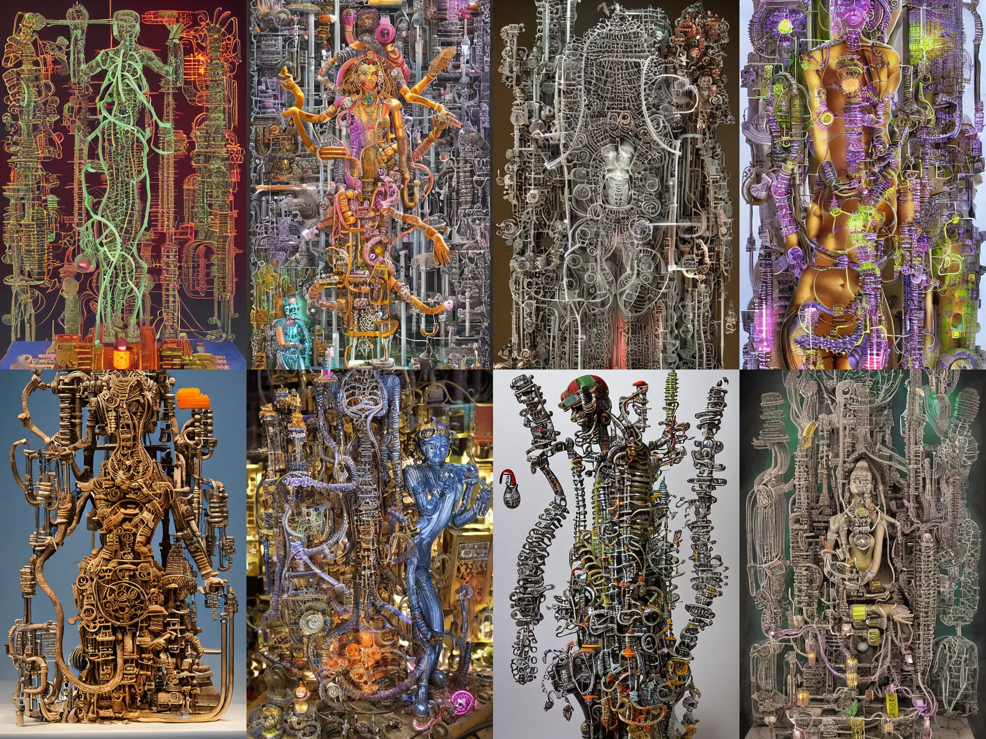 Prompt: at Khajuraho, godes, made from electric condensators Shiva, veins, vibrant, xray, flat shaped chrome relief, fossil, MINIATURE CITY, mechanic bionic fungus flower cyberpunk cat mechabot, by david lachapelle, maze, tubes, joints, buttons, gears, relief by Goga Tandashvili, by jonas burgert, by Wayne Barlowe, cinematic