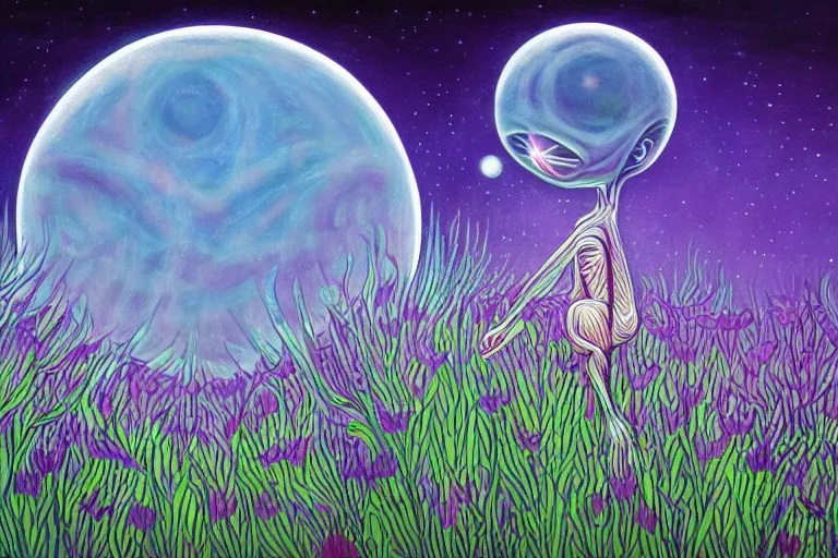 Image similar to a painting of a extraterrestrial alien lost in a meadow, alex grey, tall plants, purple lighting, night sky, glows, moonlight,