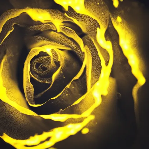 Image similar to award - winning macro of a beautiful black rose made of glowing molten magma