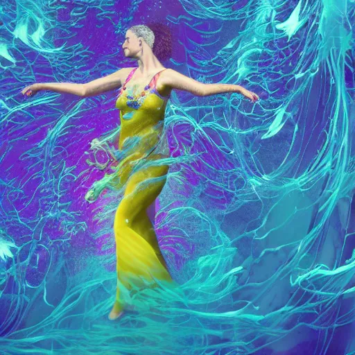 Prompt: woman dancing underwater wearing a flowing dress made of blue, magenta, and yellow seaweed, delicate coral sea bottom, swirling silver fish, swirling smoke shapes, maya render, caustics lighting from above, cinematic, hyperdetailed