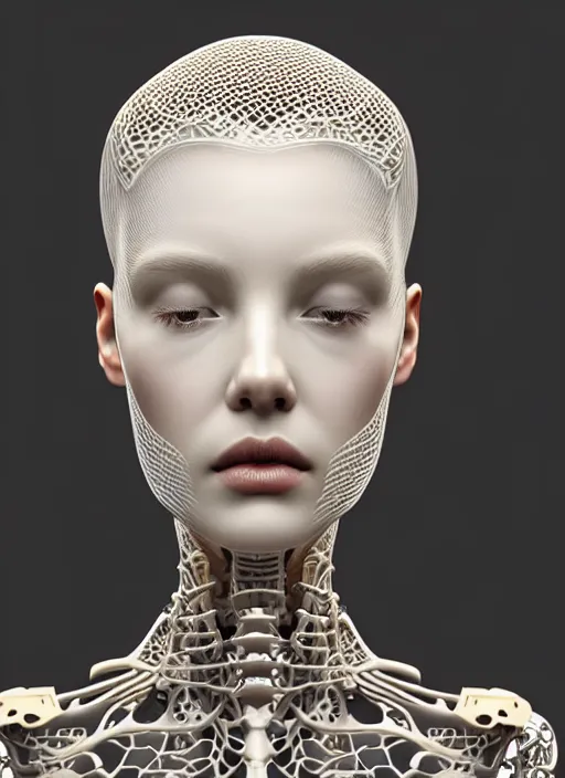 Image similar to complex 3d render ultra detailed of a beautiful porcelain translucent profile woman face, biomechanical ultradetailed cyborg, 150 mm, beautiful natural soft light, rim light, silver gold details, magnolia big leaves and stems, roots, fine foliage lace, maze like, mesh wire, ornate, intricate details, hyperrealistic, mandelbrot fractal, anatomical, red lips, white metal neocubism armor, facial muscles, cable wires, microchip, elegant, octane render, H.R. Giger style, 8k