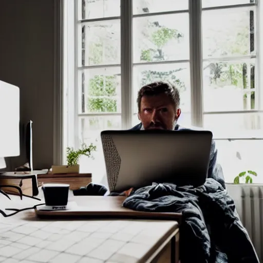 Image similar to a man, alone in his bedroom, staring at his imac