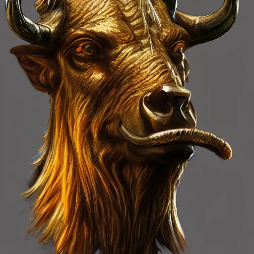 Prompt: primitive golden bison idol, d & d, fantasy, portrait, digital painting, trending on artstation, concept art, sharp focus, illustration, art by artgerm and greg rutkowski and magali villeneuve