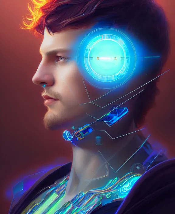 Image similar to a whirlwind inside the metaverse, guy, male, man, hologram, half body, neurochip, android, cyborg, cyberpunk face, by loish, d & d, fantasy, intricate, elegant, highly detailed, colorful, digital painting, artstation, concept art, art by artgerm and greg rutkowski and alphonse mucha