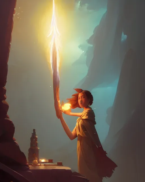 Image similar to highly detailed vfx portrait of a mage casting a light spell, unreal engine, greg rutkowski, loish, rhads, beeple, makoto shinkai and lois van baarle, ilya kuvshinov, rossdraws, tom bagshaw, alphonse mucha, global illumination, detailed and intricate environment