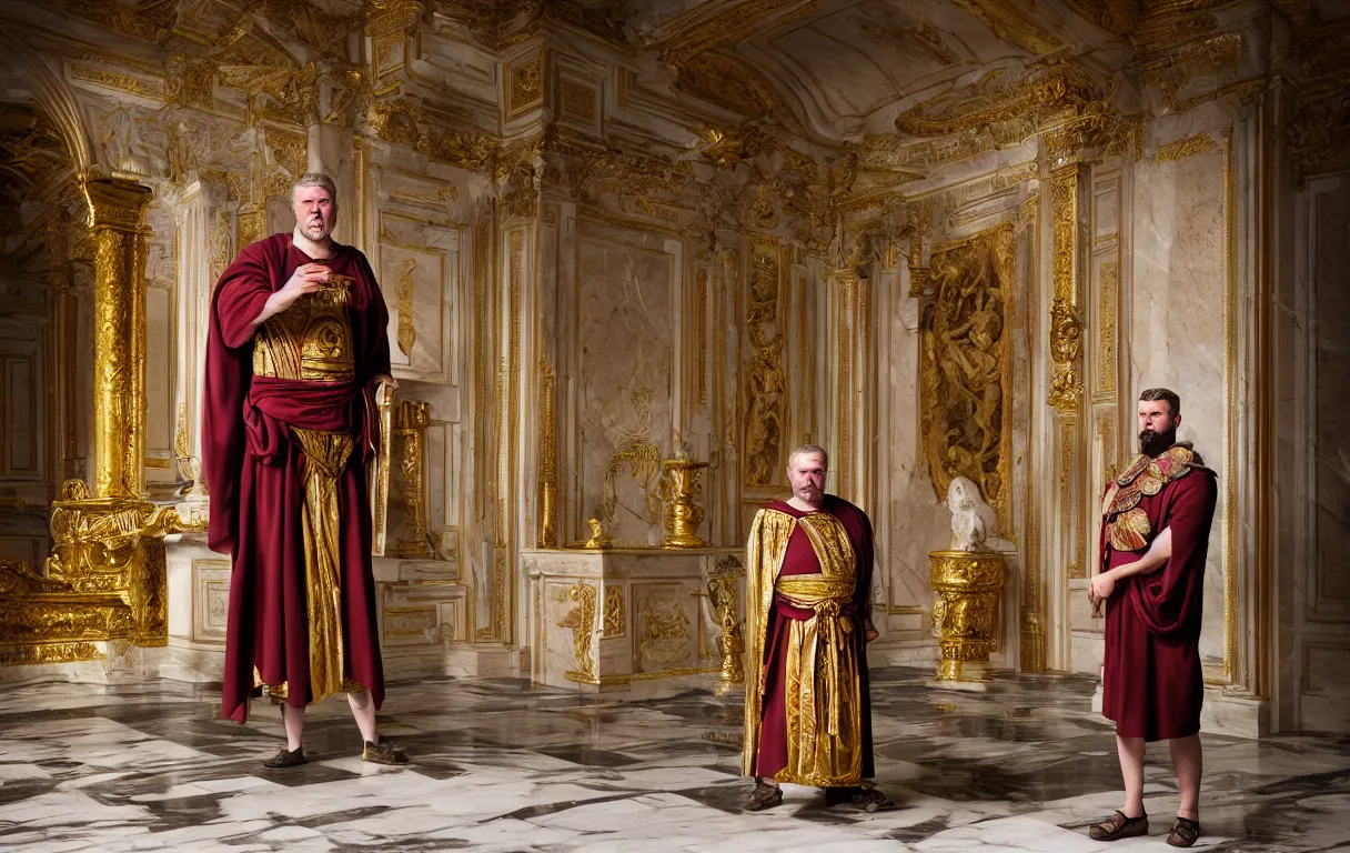 Prompt: professional studio photograph of a man wearing a roman emperor costume in a pristine marble palace with romans, photorealistic, dramatic lighting, intricate details, award winning photojournalism