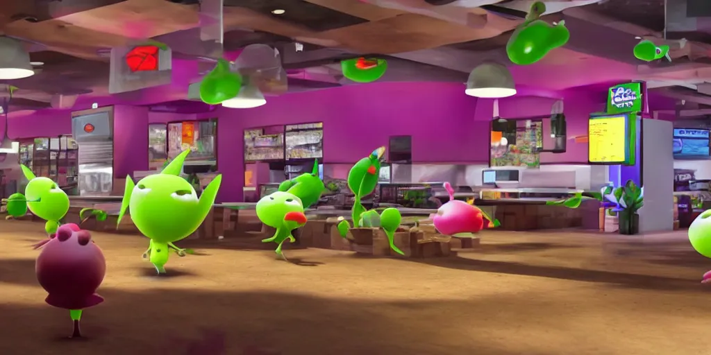 Image similar to pikmin inside of taco bell, realistic, found footage