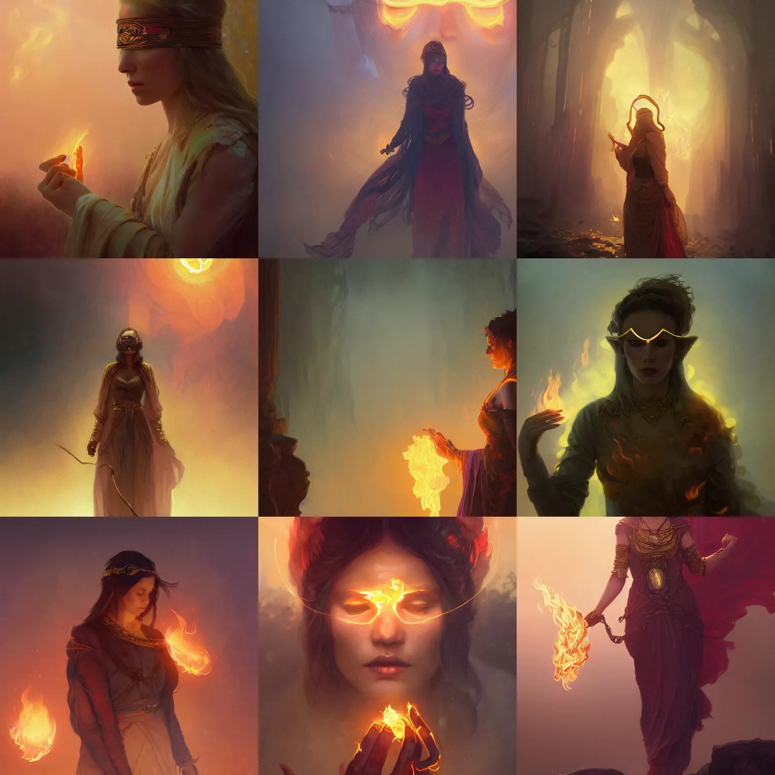 Prompt: woman, gold, fog, blindfold, flames on hands, magic, sunset, D&D character, by greg rutkowski, epic fantasy, detailed illustration, hd, 4k, overdetailed art by Alfons Mucha, complementing colors, Trending on artstation, deviantart