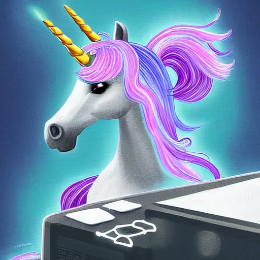 Prompt: a unicorn hacking a computer, digital art