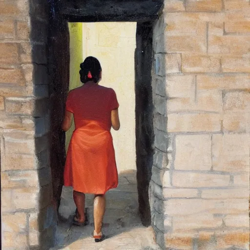 Prompt: A photograph of a Colombian woman in a peach dress, walking away from camera, down a narrow sandstone alley with rough-hewn sandstone building either side, and a varnished wooden door on the right. Ahead is a lantern, attached to the right wall. Late afternoon on a sunny day. Detailed oil painting