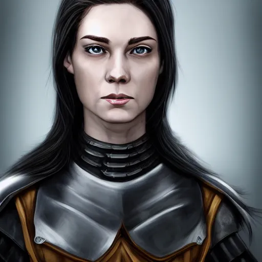 Prompt: head portrait, full faced, 35 years old women, strict, militaristic, medieval light armor, high detail, androgyny, digital art, medieval fantasy