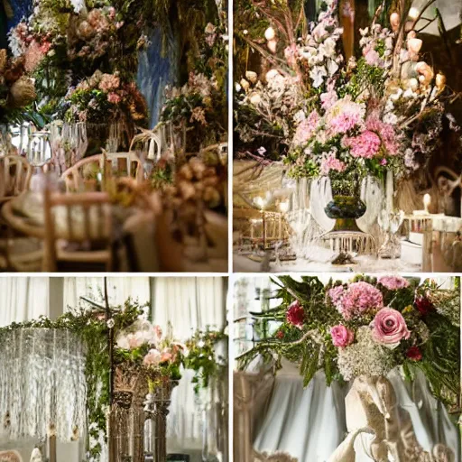 Image similar to A fantasy historical 1900s Russian and Japanese mix taken of a royal wedding floral covered venue inspired by a enchanted ethereal forest.