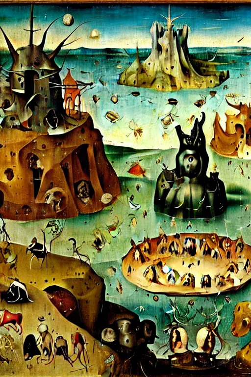 Image similar to a beautiful landscape with weird creatures by hieronymus bosch and dali