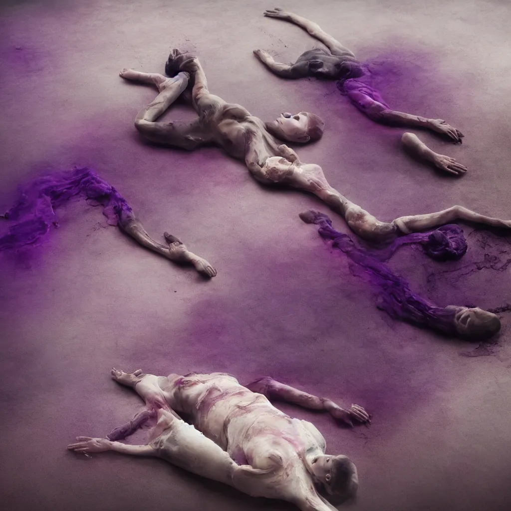 Prompt: iridiscent oil spill with women corpses connected by cables and computers to wax forms to a buried baby relaxing on yoga mat, faded, purple and red gradient, dust, purple fog, depth of field, by nadav kander and hans bellmer, 8 k, ultrarealistic, sad atmosphere, cinematic, 8 5 mm lens