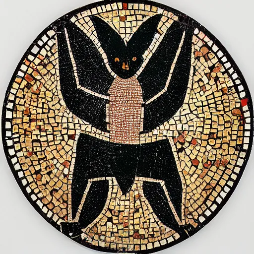 Image similar to medium shot Mosaic depicting a cute realistic pet bat looking left, from Italica, AD 176-275. Archaeological Museum, Seville. Byzantine mosaics, highly detailed, HQ, HD, beautiful, National Geographic,