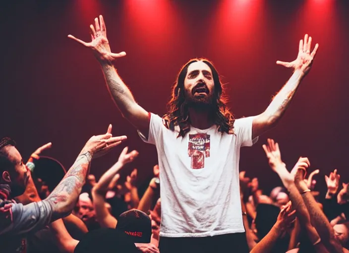 Image similar to photo still of jesus christ on stage at vans warped tour!!!!!!!! at age 3 2 years old 3 2 years of age!!!!!!! throwing bibles to the crowd, 8 k, 8 5 mm f 1. 8, studio lighting, rim light, right side key light