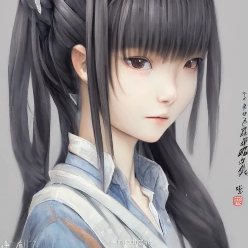 Image similar to dynamic composition, motion, ultra-detailed, incredibly detailed, a lot of details, amazing fine details and brush strokes, colorful and grayish palette, smooth, HD semirealistic anime CG concept art digital painting, watercolor oil painting of a Japanese schoolgirl, by a Chinese artist at ArtStation, by Huang Guangjian, Fenghua Zhong, Ruan Jia, Xin Jin and Wei Chang. Realistic artwork of a Chinese videogame, gradients, gentle an harmonic grayish colors.