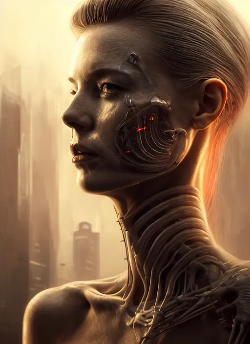 Image similar to 3 / 4 portrait, queen, crown, translucent skin, muscle, bones, veins, nerves, hyperrealism, detailed, photorealistic, cyberpunk apocalyptic city, futuristic, ultra realistic, cinematic, intricate, cinematic light, unreal engine 8 k, octane render, unreal engine by charlie bowater, david kostic, stanley lau, artgerm