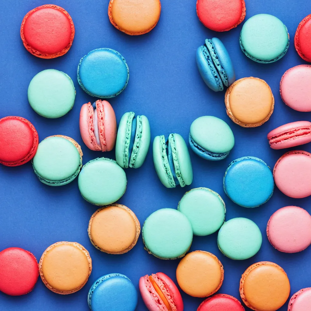 Image similar to top-down view of macarons on top of a blue surface, 8k, high detail, photorealistic, proper shading