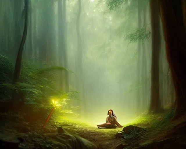 Image similar to qui gon jin as a genie, in a forest. magical atmosphere. art by greg rutkowski. highly detailed 8 k. intricate. lifelike. soft light. nikon d 8 5 0.