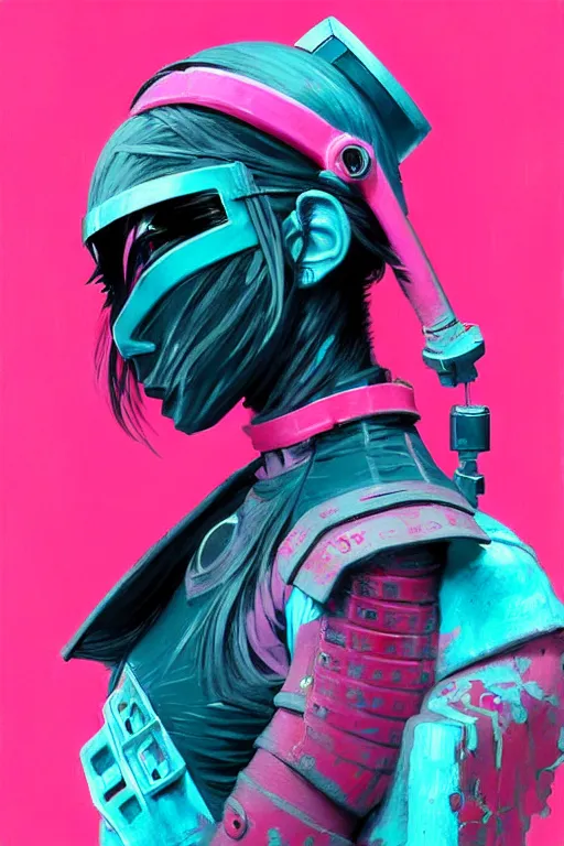 Prompt: stylized japanese cyberpunk ninja girl, wearing urban techwear, and armor, painted in acrylic, pigment textures, in the colors hot pink and cyan, beautiful realistic face, rule of thirds, spotlight, by greg rutkowski, by jeremy mann, by francoise nielly, by van gogh, by ross tran, in focus