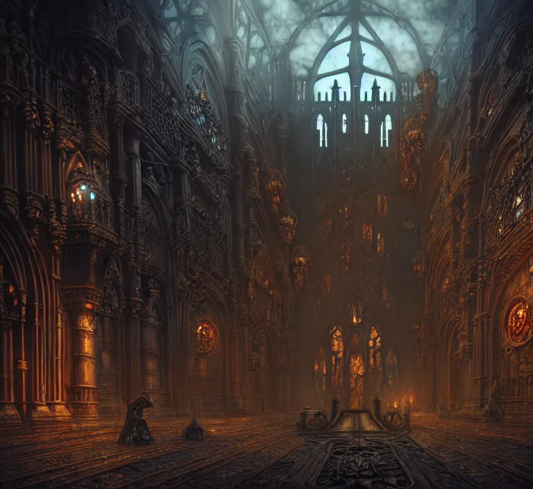 Image similar to steam necropolis, memento mori, gothic, neo - gothic, art nouveau, hyperdetailed copper patina medieval icon, stefan morrell, philippe druillet, ralph mcquarrie, concept art, steampunk, unreal engine, detailed intricate environment, octane render, moody atmospherics, volumetric lighting, ultrasharp, ominous, otherworldly