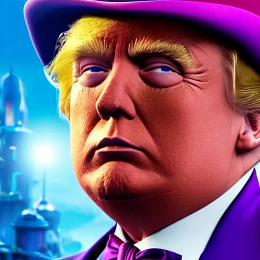 Image similar to donald trump as willy wonka in avengers movie, fantasy, splash art, avengers movie, movie still, detailed face, photorealistic facial features, cinematic lighting, dramatic, octane render, long lens, shallow depth of field, bokeh, anamorphic lens flare, 8 k, hyper detailed, 3 5 mm film grain