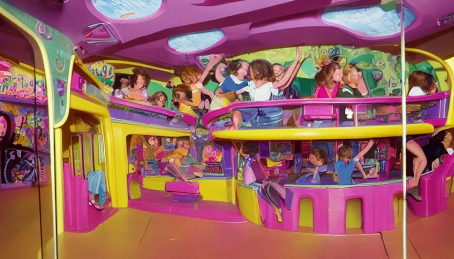 Image similar to 1990s photo of inside the Polly Pocket ride at Universal Studios in Orlando, Florida, children riding through a life size Polly Pocket , cinematic, UHD
